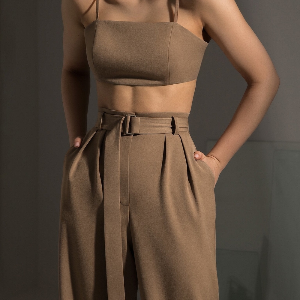 High-Waist Wide Leg Belted Pants - Brown - Picture 2 of 11